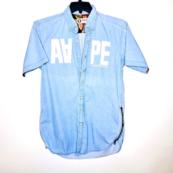 A Bathing Ape Brand " The Chambray Ape" button-down short sleeve shirt size L. - Picture 1 of 13